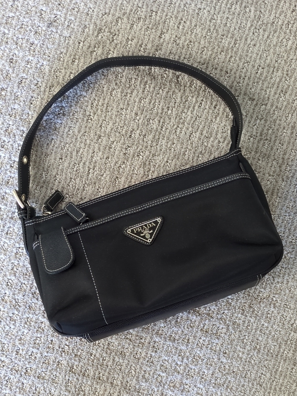 Prada Black Nylon Shoulder Bag with White Stitching